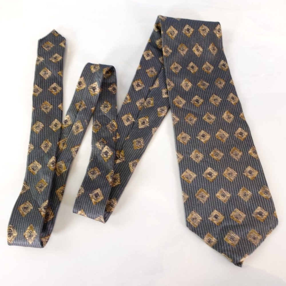 BRUTUS Men's Denim Blue Ivory Geometric Art Striped Necktie Silk Diamond Classic - Picture 8 of 10